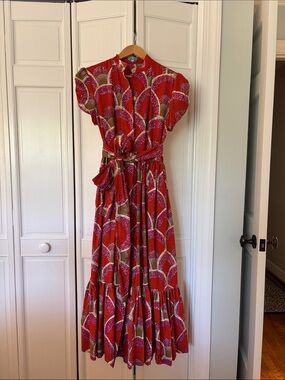 Red Patterned Midi Dress with Tie Waist